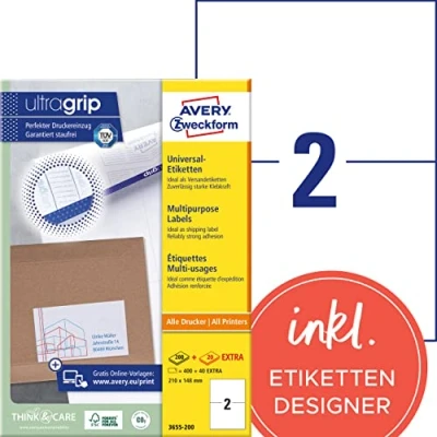 Abbildung von AVERY Zweckform 3655 200 Universal Etiketten (400 plus 40 Klebeetiketten extra, 210x148mm auf A4, bedruckbare Versandetiketten, selbstklebende Versandaufkleber mit ultragrip, DHL) 220 Blatt, weiß