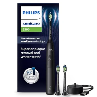 Abbildung von Philips Sonicare 5300 elektrische Zahnbürste, Schallzahnbürste mit 2 Intensitätsstufen, Andruckkontrolle, EasyStart, Smartimer und BrushPacer, Schwarz, Modell HX7101/04 [Neue Technologie]