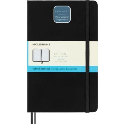 Abbildung von Moleskine Klassisches erweitertes Notizbuch mit gepunktetem Papier Harter Umschlag und elastischer Verschluss Farbe Schwarz Größe Groß 13 x 21 A5 400 Seiten