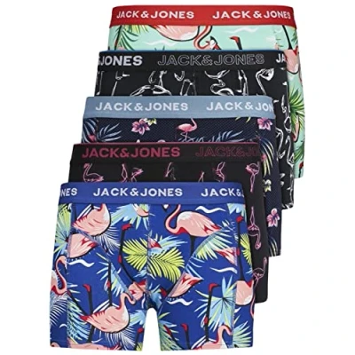 Abbildung von JACK &amp; JONES Herren Unterhosen 5er Set/Pack Sale Männer Marken Boxershorts Weiss schwarz blau grau Shorts Trunks 95% Baumwolle S M L XL XXL (Farb Mix 5 L)