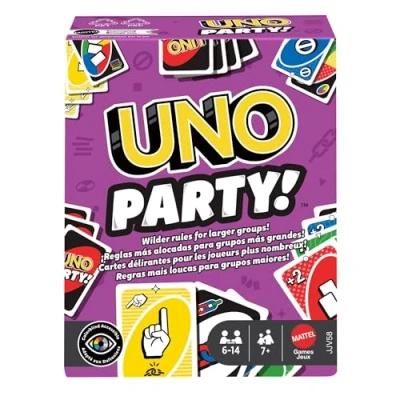 Abbildung von Mattel Games UNO Party Kartenspiel mit Karten und Sonderregeln für große Gruppen, Kinder, Erwachsene Spieleabende der Familie, 6 bis 14 Spieler, ab 7 Jahren, JJV58