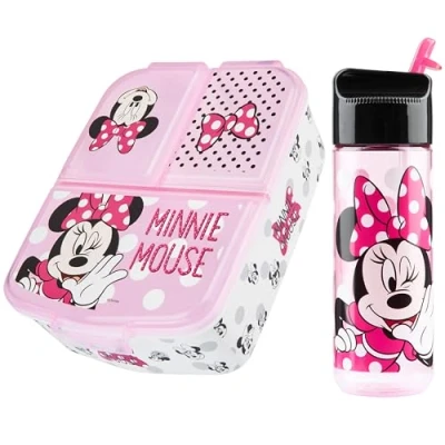 Abbildung von Disney Minnie Mouse Kinder Lunchbox mit Fächern und Wasserflasche für Schule Ausflüge (Rosa)