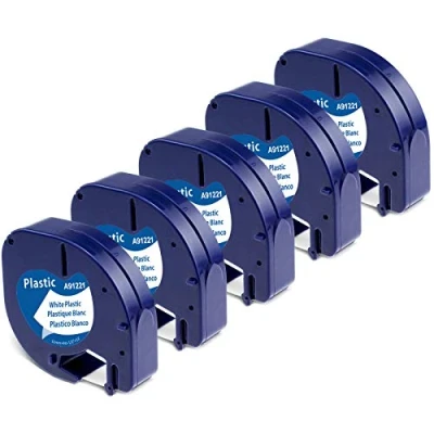 Abbildung von 5 x Aken 91221 White Plastic 12mm 4m Bänder Kompatibel mit Dymo Letratag XR Schriftband für LT 100H 100T 200B, Etikettenband Schwarz auf Weiß S0721660