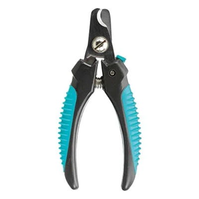 Abbildung von TRIXIE Krallenschere für kleine Hunde, Katzen, Kleintiere und Vögel mit Sicherheitsverschluss Begrenzung verhindert starkes kürzen Edelstahl gummierter Kunststoffgriff blau/schwarz 12 cm 2367