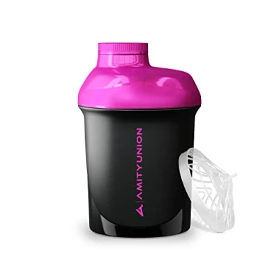 Abbildung von Eiweiß Shaker Deluxe 400 ml auslaufsicher, BPA frei, mit Sieb &amp; Skala ORIGINAL für cremige Whey Proteinpulver Shakes, Protein Isolate BCAA Konzentrate, Shaker, Fitness Mixer Schwarz Pink