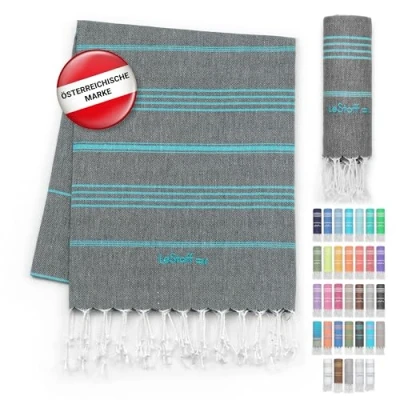 Abbildung von LeStoff Premium Hamamtuch 100% Bio Baumwolle Vorgewaschen, Nachhaltig, Saugstark &amp; Schnelltrocknend Strand, Bade, Dusch, Yoga, Spa Reise Tuch (95 x 180 cm, Anthracite Aqua)
