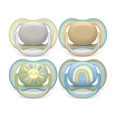 Abbildung von Philips Avent ultra air Schnuller 4er Pack, BPA freier, atmungsaktiver für Babys von 0 6 Monaten, inklusive Transport und Sterilisationsbox, grau/grün (Modell SCF085/65)