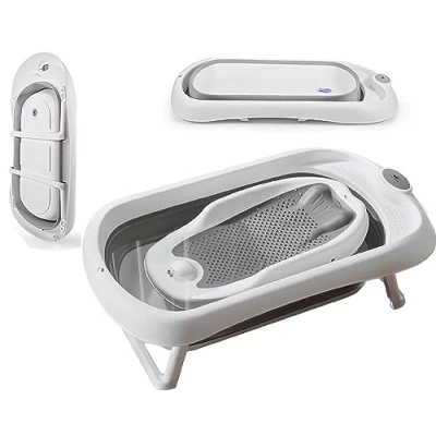 Abbildung von Schwänlein® Faltbare Baby Badewanne,81 * 48 24cm Bathtub Babywanne Wanne Faltbar mit Badewannen Stützkissen Sitzmatte, Badebecken Duschwanne für Neugeborene Kleinkinder (grau)