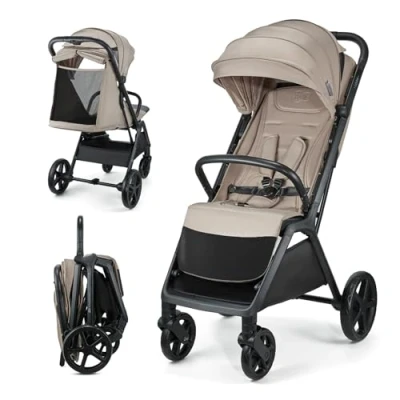 Abbildung von Kinderkraft LOOM Buggy bis 27 kg, Kinderwagen, vergrößerte Verdeck, Gepolsterte Räder, liegende Position, geringe Gewicht 9kg geräumige Korb, kompakten Abmessungen, Beige