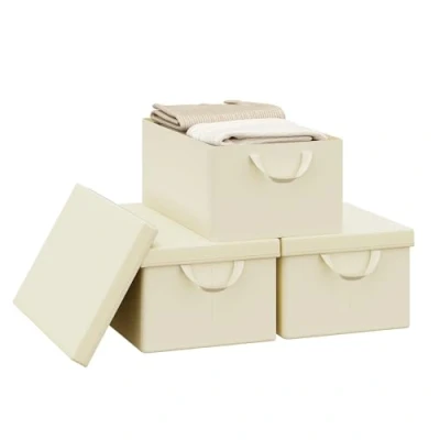 Abbildung von WOLTU Aufbewahrungsbox mit Deckel 3 Stück, aus Polyesterstoff, für Schlafzimmer, Arbeitszimmer, Wohnzimmer, Organizer Box Griffen, Kleidung Spielzeug, faltbar, Creme, 48x20x29 cm