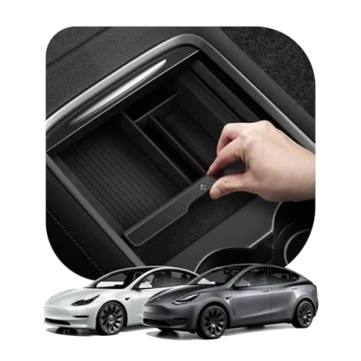 Abbildung von Spigen Mittelkonsole Organizer Armlehnenablage Zubehör für Tesla Model 3 2021 2023 und Y mit Smooth Slide Technology Carbon Edition