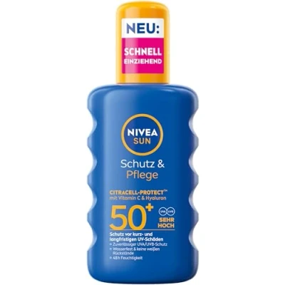 Abbildung von NIVEA SUN Schutz &amp; Pflege Sonnenspray LSF 50+, wasserfestes Sonnencreme Spray mit Vitamin C Hyaluron, schnell einziehender Sonnenschutz für 48h Feuchtigkeit (200 ml)