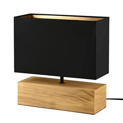 Abbildung von Reality Leuchten Tischleuchte Woody R50181080, Metall Schwarz matt, Fuß Holz, Stoffschirm schwarz/goldfarbig, exkl. 1x E27