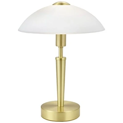 Abbildung von EGLO Tischleuchte Solo 1, 1 flammige Tischlampe, Material: Stahl, Farbe: Messing matt, Glas: satiniert weiß, Fassung: E14, inkl. Touchdimmer