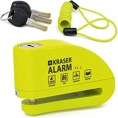 Abbildung von KRASER KR6Y Bremsscheibenschloss mit Alarm 110 dB, Verstärkt, 3 Schlüssel (2 Ersatz) Hochsicherheits Motorradschloss, Wasserdicht,1.5m Rückrufkabel, Tasche, Universal Motorrad Schloss, Fahrradschloss