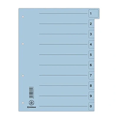 Abbildung von DONAU 8611001 10 Trennblätter 50er Pack/Farbe: Blau/Karton Register überbreit Aus Recycling Karton/für DIN A4 4 Fach Lochung Trennlaschen Ordner Register/Blauer Engel/Made in EU