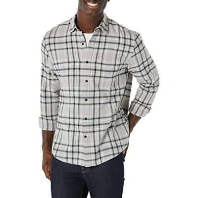 Abbildung von Amazon Essentials Herren Langarmhemd aus Flanell (in Übergröße erhältlich), Schwarz Hellgrau Karomuster, XL