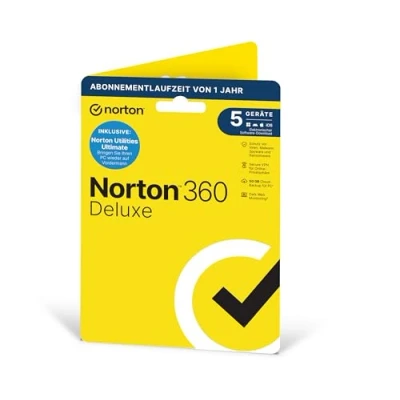 Abbildung von Norton 360 Deluxe inklusive Utilities Ultimate 2024, 5 Geräte, 1 Jahres Abonnement, PC/Mac/Android/Ios, Aktivierungscode in Originalverpackung