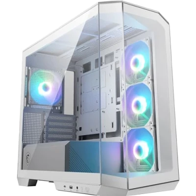 Abbildung von MSI MAG PANO M100R PZ White Micro ATX PC Gehäuse 3 x 120 mm Reverse Blade ARGB Lüfter und 1 mit Hub, GPU Ständer, Staubfilter, 33 Kabelführungsraum, USB Typ C (20Gbps)