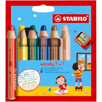 Abbildung von Buntstift, Wasserfarbe &amp; Wachsmalkreide STABILO woody 3 in 1 6er Pack mit Spitzer 6 verschiedenen Farben