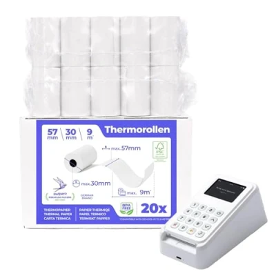 Abbildung von SWIPARO Ec Cash Thermorollen 57mm x 9m 12mm Kassenrollen Thermopapier Bonrollen für Bankomat Kredit Kartenlesegeräte 57x30x12 (20 STK.)