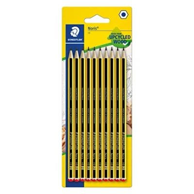 Abbildung von STAEDTLER Bleistift Noris 120, Made from Upcycled Wood, Härtegrad HB, Rutschfeste Soft Oberfläche, hohe Buchfestigkeit, Qualität in Germany, Blisterkarte mit 10 Stück, 120 2BK10D