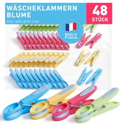 Abbildung von culiclean Wäscheklammern stabil ohne Abdruck Blume 48 Stück blau gelb grün rosa pink robuste Kunststoff Kluppen Soft Grip Clothes Pegs ideal zum Aufhängen Wäsche Hosen T Shirts Unterwäsche Socken