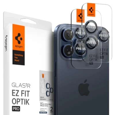 Abbildung von Spigen Glas.tR EZ Fit Optik Pro Kameraschutz kompatibel mit iPhone 15 Pro, Max, 2 Stück, Titan Blau, Individuelle Kameraprotektion, Anti Kratzer