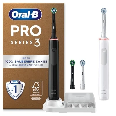 Abbildung von Oral B Pro Series 3 Plus Edition Doppelpack Elektrische Zahnbürste, 4 Aufsteckbürsten, mit visueller 360 Andruckkontrolle für Zahnpflege, Designed by Braun, Black/White