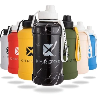 Abbildung von Khroom Edelstahl Trinkflasche 1,3L &amp; 2,2L Kohlensäure geeignet, auslaufsicher, spülmaschinenfest, einwandig, BPA frei Metall 2 Liter XXL Water Jug Outdoor Sportflasche Marmor