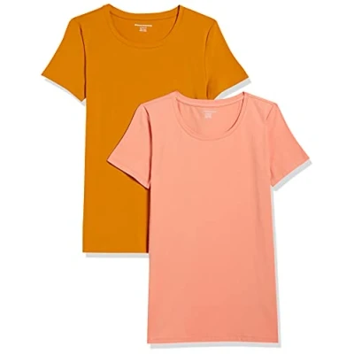 Abbildung von Amazon Essentials Damen T Shirt mit kurzen Ärmeln und Rundhalsausschnitt in normaler Passform, 2er Pack, Goldgelb/Korallenorange, L