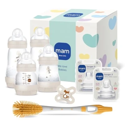 Abbildung von MAM Easy Start Anti Colic Neugeborenen Set 0+ Babyflaschen 94% Akzeptanz 96% Hebammen Empfehlung 80% weniger Koliken 4 Trinkflaschen, 1 Schnuller, 2 Sauger &amp; Soft Brush beige