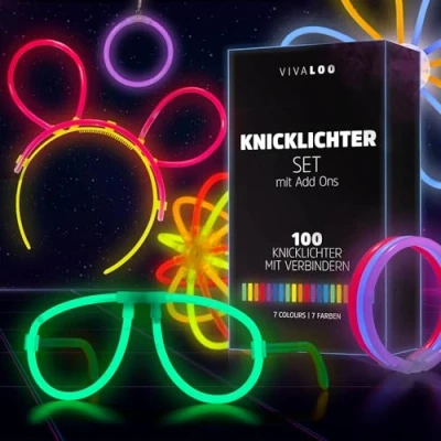 Abbildung von Vivaloo Knicklichter Party Set 100 Stück + Zubehör Leuchtstäbe mit Verbinder für Leuchtarmbänder, Brillen, Bälle usw. Deko &amp; Festival Lichter Neon