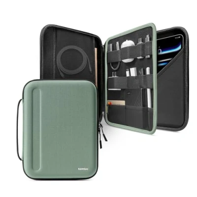 Abbildung von tomtoc Portfolio Tablet Tasche für 13 Zoll iPad Pro M4 2024 OLED, Air M2 2024, 12,9 6/5/4 M2&amp;M1, Hartschale Hülle Magic/Smart Keyboard/Adapter/Kabel/USB Hub/Apple Pencil