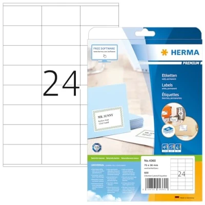 Abbildung von HERMA 4360 Adressetiketten, 25 Blatt, 70 x 36 mm, 24 pro A4 Bogen, 600 Stück, selbstklebend, bedruckbar, matt, blanko Papier Adressaufkleber Etiketten, weiß