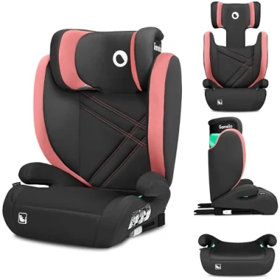 Abbildung von LIONELO HUGO I SIZE Kinderautositz, Gruppe 2 3, von 100150 cm, ISOFIX Installation, verstellbare Kopfstütze, Memory Schaum, Seitenschutz, bequeme Armlehnen Rosa