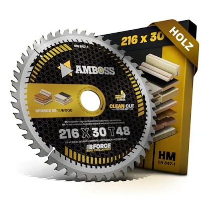 Abbildung von HM Kreissägeblatt 216x30 Z48 Wechselzahn für Holz Feinschnitt. AMBOSS WERKZEUGE® Sägeblatt 216mm komp. zu Hitachi C 8 FSHE Metabo TS 216 DeWalt DCS777T2. DWS773. DWS774 PRIMASTER KZS2000. Bosch