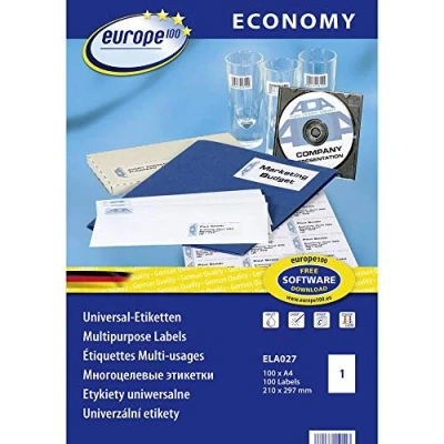 Abbildung von Europe100 Art. ELA027 Universal Etiketten (100 Klebeetiketten, 210x297mm auf A4, Papier matt, individuell bedruckbar, selbstklebende Versandaufkleber, kompatibel zu AVERY 3478) 100 Blatt, weiß