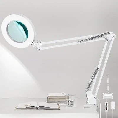 Abbildung von 5X Lupenlampe, Lupenleuchte, LED Schreibtischlampe mit Klemme und Verstellbarer Arm Dimmbar &amp; 3 Farbmodi Lupe Licht, 4,1&quot; Durchmesser Glaslinse Kosmetiklampe, für Lesen/Büro/Arbeit (Weiß)