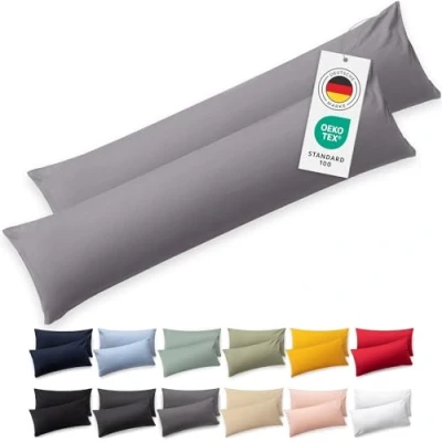 Abbildung von Blumtal Seitenschläferkissen Bezug 40 x 145 (2er Set Kissenbezüge) Grau 100% Baumwolle, Oeko Tex Zertifiziert, Kissenbezug für Seitenschläferkissen, Kissenhülle mit Reißverschluss