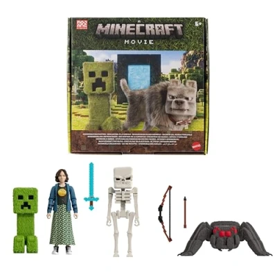 Abbildung von Mattel Minecraft Geschichtenset mit 4 Actionfiguren und 3 Zubehörteilen, Begegnungen in der Oberwelt Set, inspiriert von EIN Film, Spielzeug zum Sammeln, JFR70