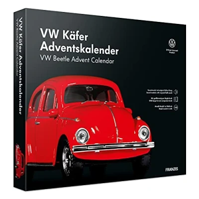 Abbildung von FRANZIS 55255 VW Käfer Adventskalender rot, Metall Modellbausatz im Maßstab 1:43, inkl. Soundmodul und 52 seitigem Begleitbuch