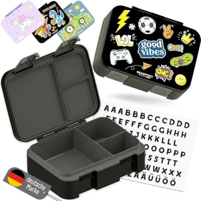 Abbildung von BEARFOOT Bento Box COMPACT BPA freie Kinder Brotdose für Schule &amp; Kindergarten Auslaufsichere Lunchbox Mädchen Jungen Praktisch, leicht kompakt (Sticker schwarz, 650ml)