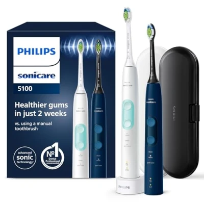 Abbildung von Philips Sonicare ProtectiveClean 5100 elektrische Zahnbürste, Schallzahnbürste mit 3 Putzmodi, Clean und White, Drucksensor, Timer Reiseetui, Weiß Blau, 2er Pack, Modell HX6851/34