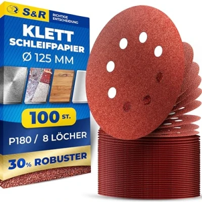 Abbildung von S&amp;R Klett Schleifpapier Set 125 mm, Meister, 8 Löcher, 100 St. in Körnung P180, Schleifblätter, Schleifscheiben für Exzenterschleifer, Klettschleifpapier, zuverlässige Haftung am Schleifteller