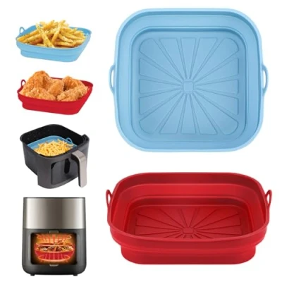 Abbildung von Alyvisun Silikonform für Heißluftfritteuse, 2 Stück Airfryer Silikon Backform Wiederverwendbar Silikoneinsatz Quadratisch Silikonmatte Pot Liner Air Fryer, Mikrowelle, Ofen(Rot+Himmelblau)