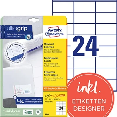 Abbildung von AVERY Zweckform 3490 Adressaufkleber (600 plus 120 Klebeetiketten extra, 70x36mm auf A4, Papier matt, bedruckbare Absenderetiketten, selbstklebende Adressetiketten mit ultragrip) 30 Blatt, weiß
