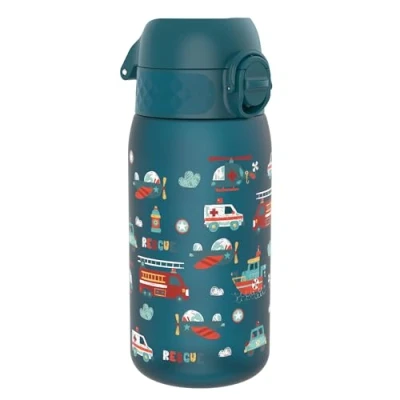 Abbildung von Ion8 Kinder Trinkflasche, 350ml, Auslaufsicher, Einhandöffnung, Sichere Verriegelung, Spülmaschinenfest, BPA frei, Tragegriff, Klappdeckel, Leicht zu Reinigen, Klimaneutral, Rettungsfahrzeuge, Design
