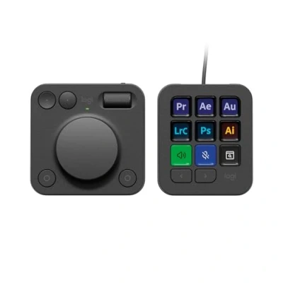 Abbildung von Logitech MX Creative Console, Programmierbares Tastenfeld mit 9 anpassbaren LCD Tasten und Regler für Grafikdesign, Videobearbeitung, Fotografie, Verwendung Adobe, Zoom, Spotify mehr Graphit