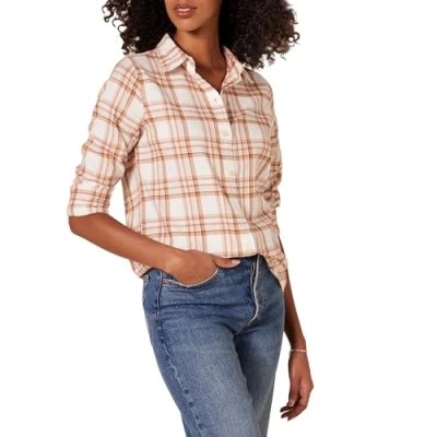 Abbildung von Amazon Essentials Damen Langärmliges leichtes Kariertes Flanellhemd in klassischer Passform, Ecru Blassrosa Alpenplaid, S
